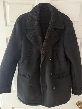 Zara Black Double-Breasted Sherpa-Lined Pea Coat
